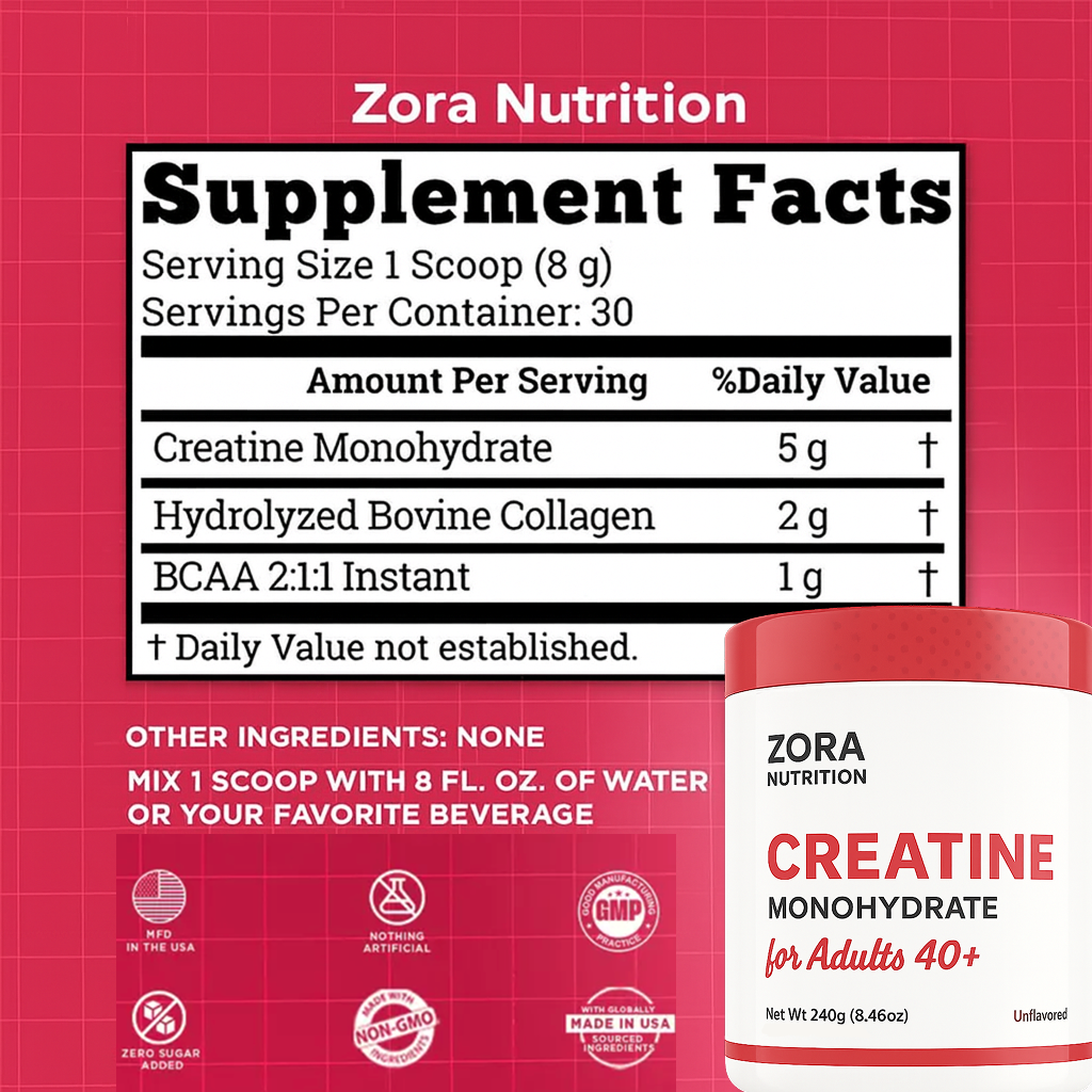 Zora Nutrition Age Strong Formula | Creatine, Collagen & BCAAs Supplement Powder